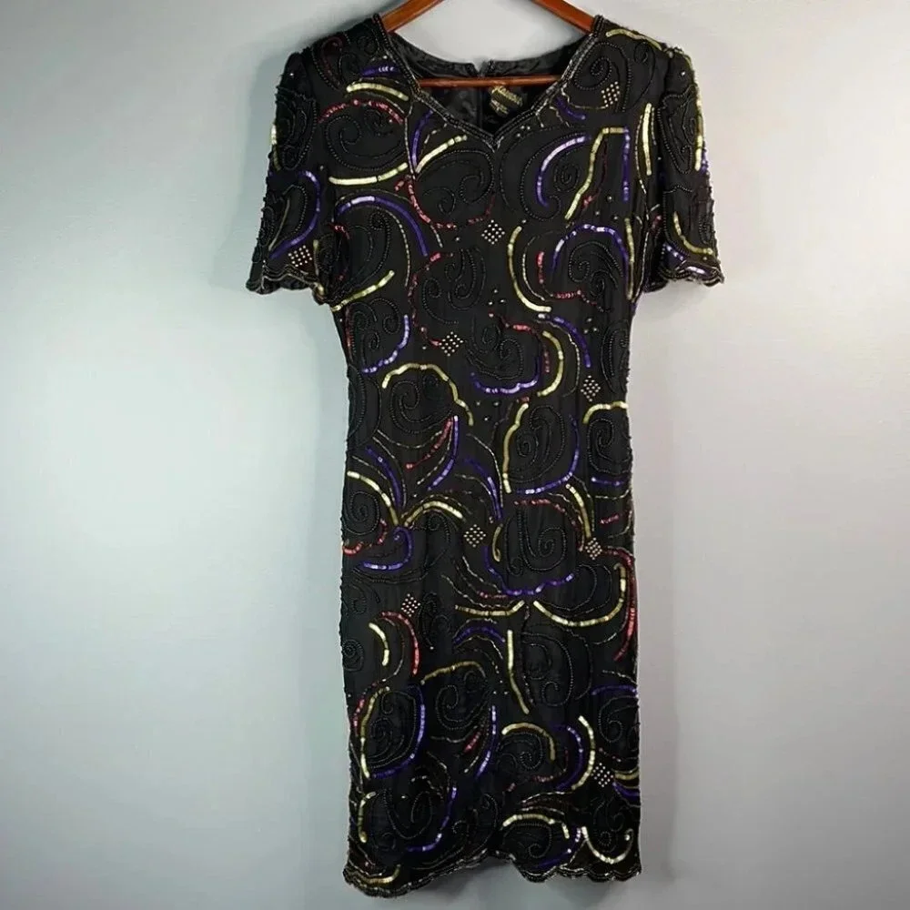 VINTAGE Glamour Silk Sequinned Beaded Dress Black Cocktail Shoulder Pads Size S - Picture 12 of 12